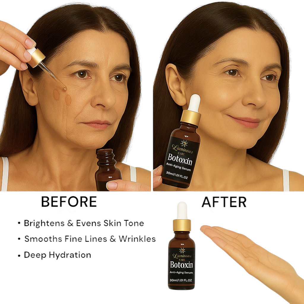 Before and after comparison of a woman applying Luminous Care Botoxin Anti-Aging Serum, showing improved skin tone, reduced wrinkles, and enhanced hydration with the product bottle clearly visible.
