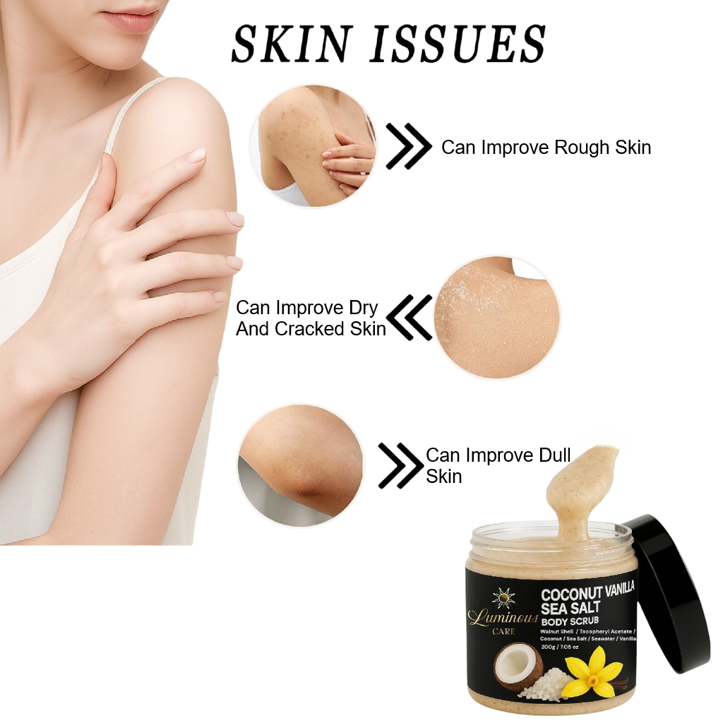 Luminous Care Coconut Vanilla Sea Salt Body Scrub for dry, rough, and dull skin. Highlights skin concerns with images of affected areas, demonstrating improvement after use. Featuring natural ingredients like coconut, vanilla, sea salt, and pecan shell powder. Ideal for exfoliation, moisturizing, and smoothing.