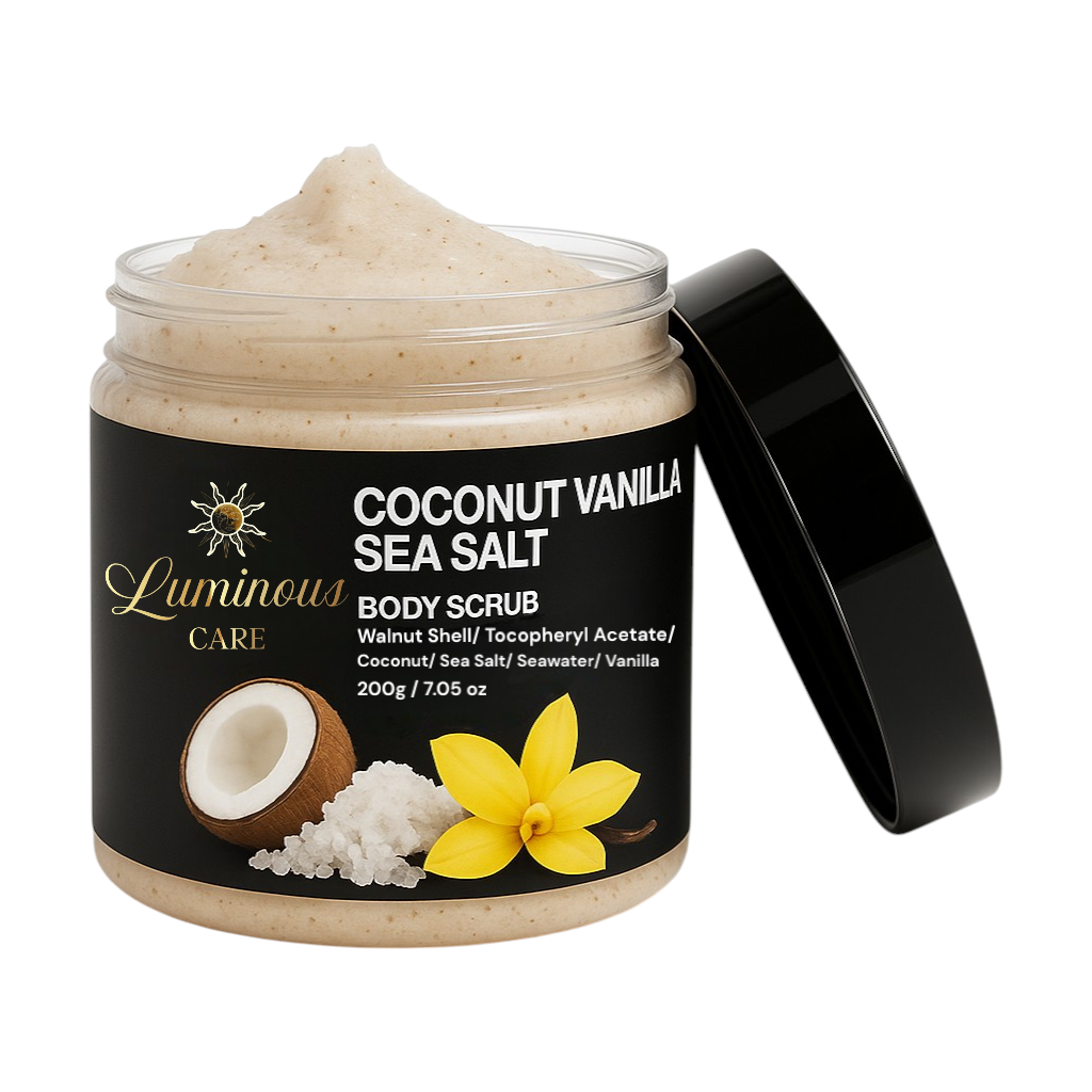 Luminous Care Sea Salt & Walnut Shell Exfoliating Body Scrub – Coconut Vanilla, 200 g with open lid, showing creamy exfoliating texture, enriched with walnut shell, coconut, and vanilla for smooth, refreshed skin.