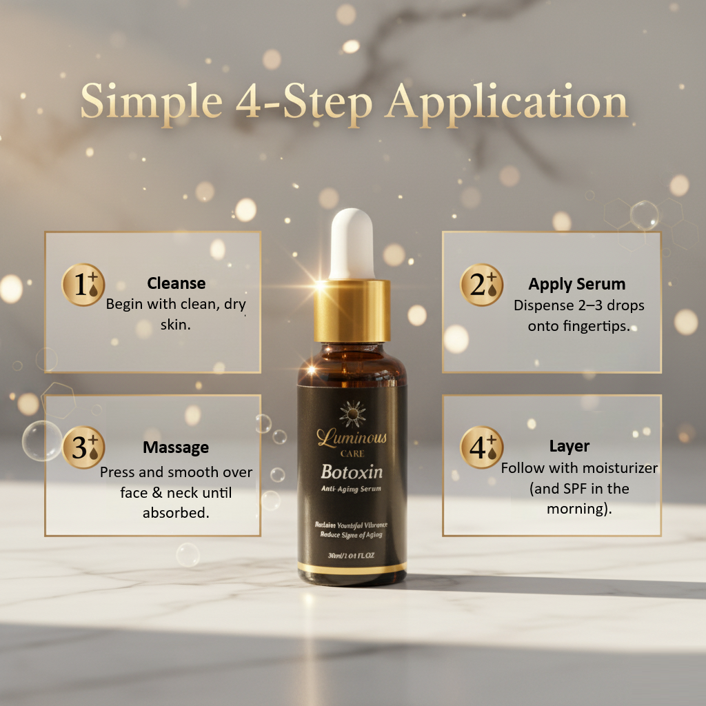 Four-step application instructions including cleanse, apply drops, massage, and layer with moisturizer and SPF.
