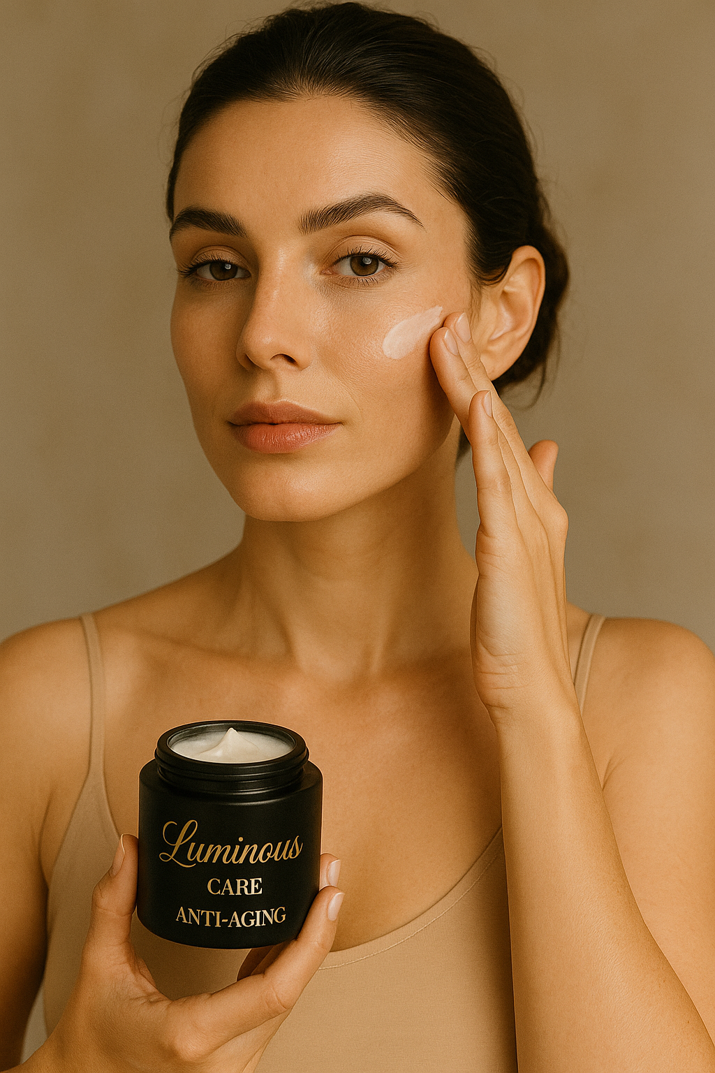 Elegant woman applying Luminous Care Anti-Aging cream, holding a black and gold jar in a softly lit skincare setting