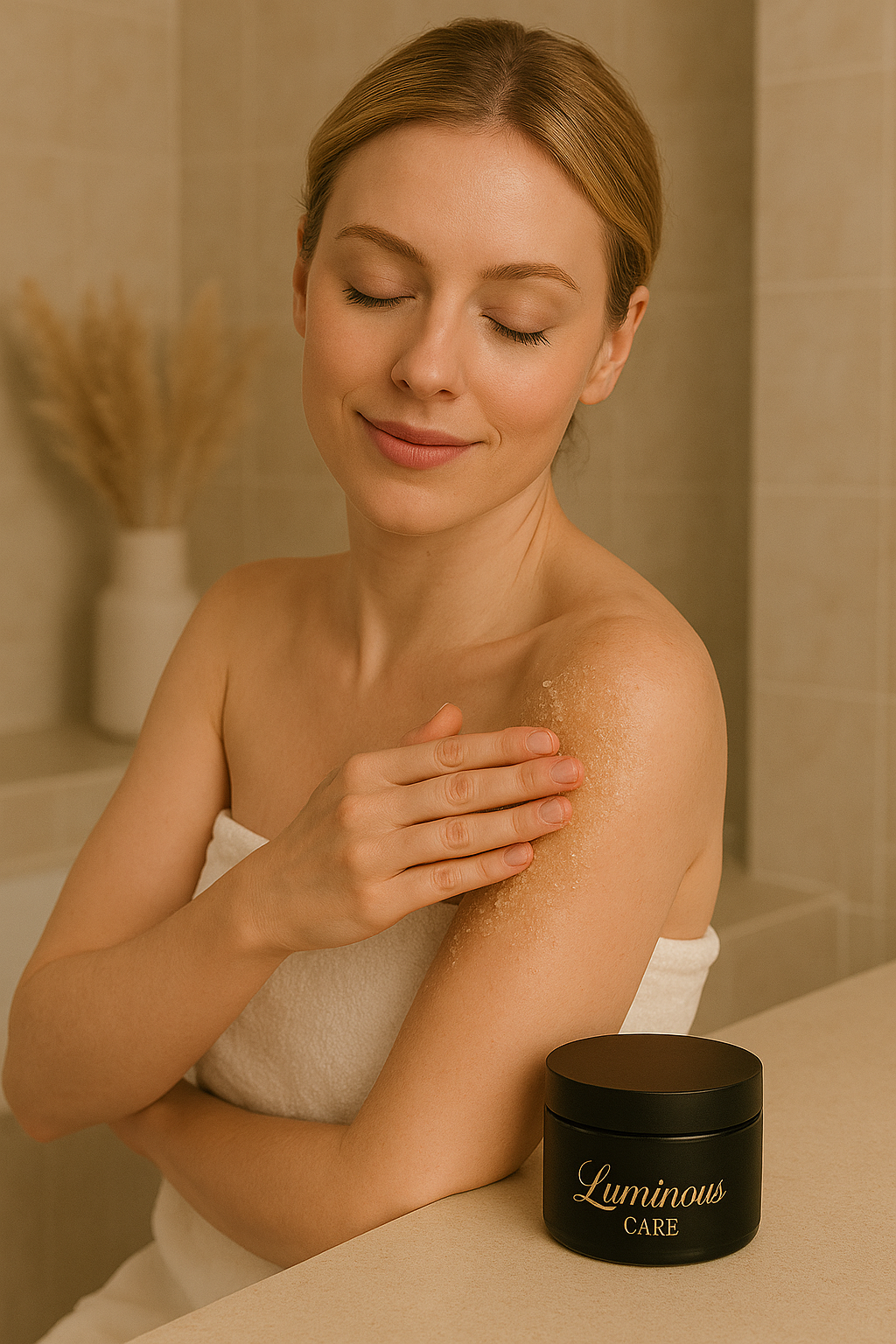 Woman applying Luminous Care sugar body scrub to shoulder in a softly lit modern bathroom, with a black and gold product jar on the counter, showcasing luxury self-care and wellness.