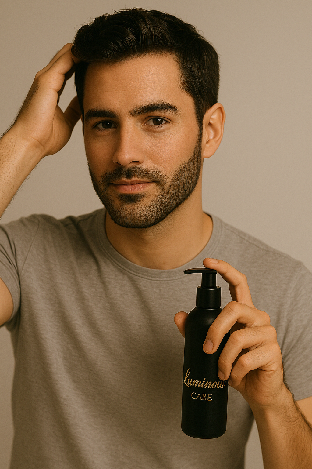 Confident man applying Luminous Care luxury hair product, holding a sleek black bottle in a softly lit modern setting