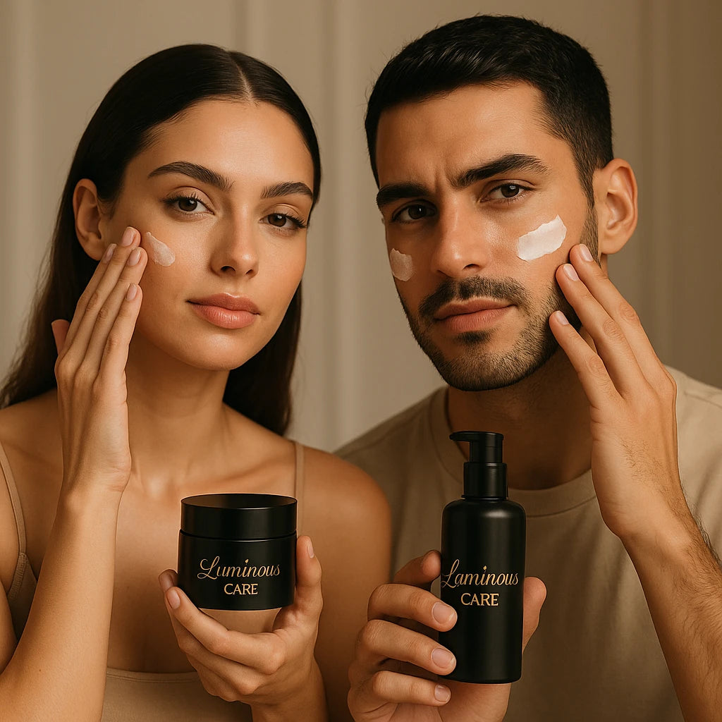 Man and woman applying Luminous Care facial skincare products, holding elegant black packaging with a calm, radiant expression in a softly lit setting