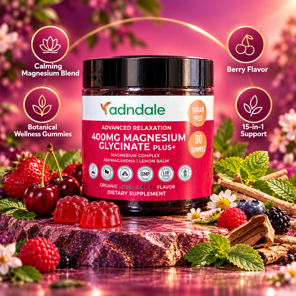 Adndale Magnesium Glycinate Gummies 400mg with Ashwagandha & Lemon Balm 90 Count