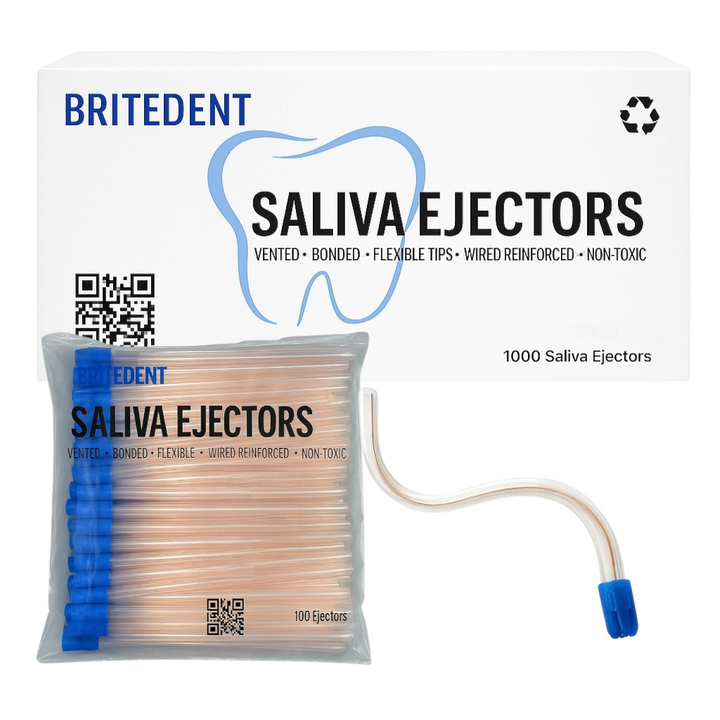 Britedent Saliva Ejectors Clear with Blue Tip – Disposable Dental Suction Tubes (100 or 1000 Pack) Hero