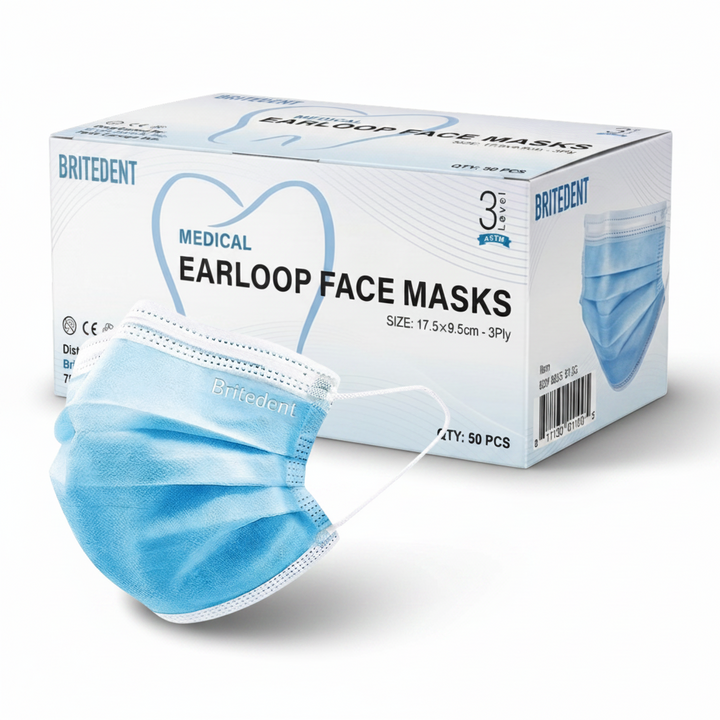 BRITEDENT ASTM Level 3 Earloop Face Masks 3-Ply 50 Count