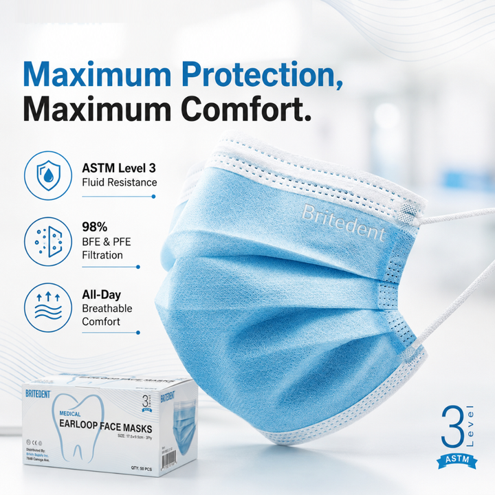 BRITEDENT ASTM Level 3 Earloop Face Masks 3-Ply 50 Count Max