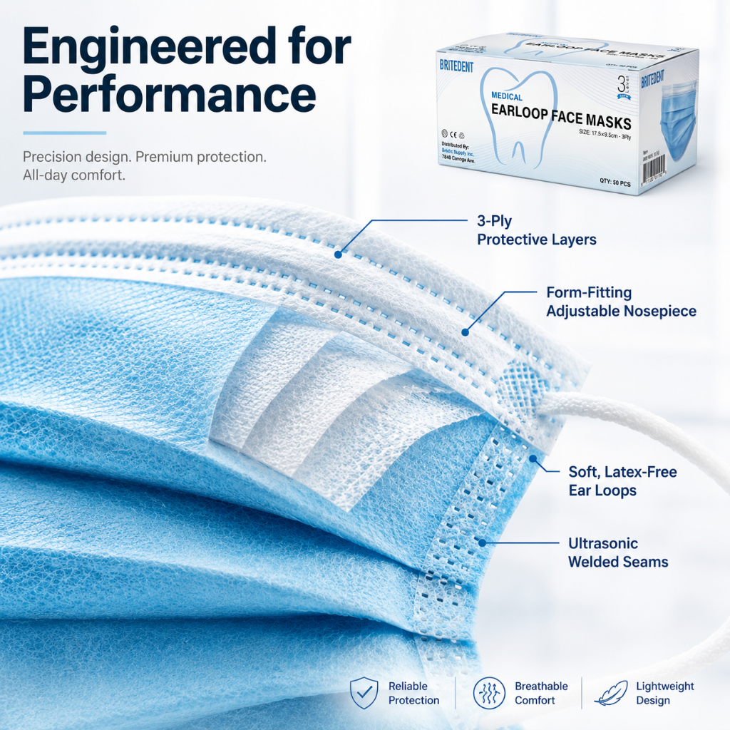 BRITEDENT ASTM Level 3 Earloop Face Masks 3-Ply 50 Count Performance
