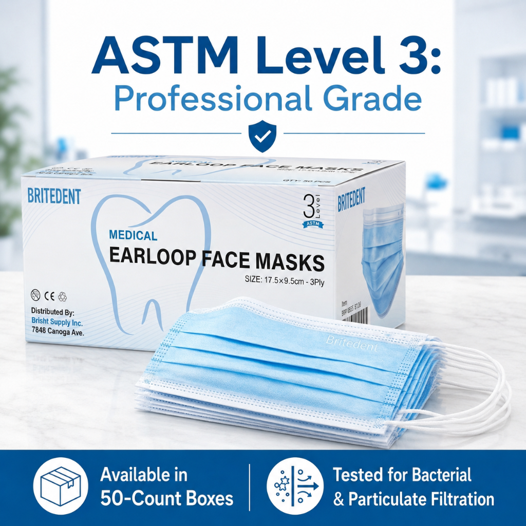 BRITEDENT ASTM Level 3 Earloop Face Masks 3-Ply 50 Count Pro