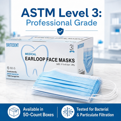 BRITEDENT ASTM Level 3 Earloop Face Masks 3-Ply 50 Count Pro