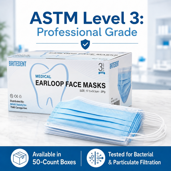 BRITEDENT ASTM Level 3 Earloop Face Masks 3-Ply 50 Count Pro
