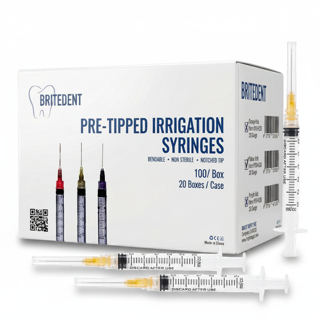 BRITEDENT Disposable Irrigation Syringes 25 Gauge 3cc Bendable Pre-Tipped Notched Tips