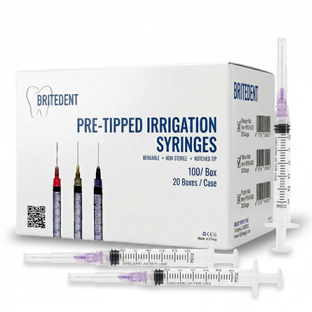 BRITEDENT Disposable Irrigation Syringes 30 Gauge 3cc Bendable Pre-Tipped Notched Tips