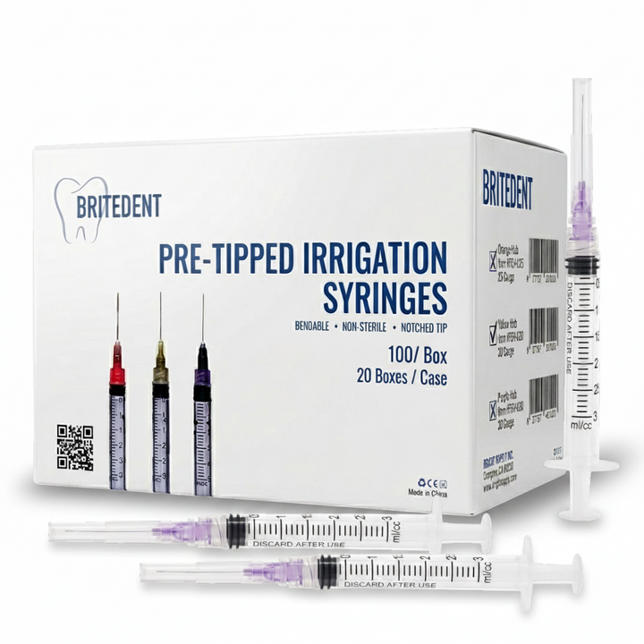 BRITEDENT Disposable Irrigation Syringes 30 Gauge 3cc Bendable Pre-Tipped Notched Tips