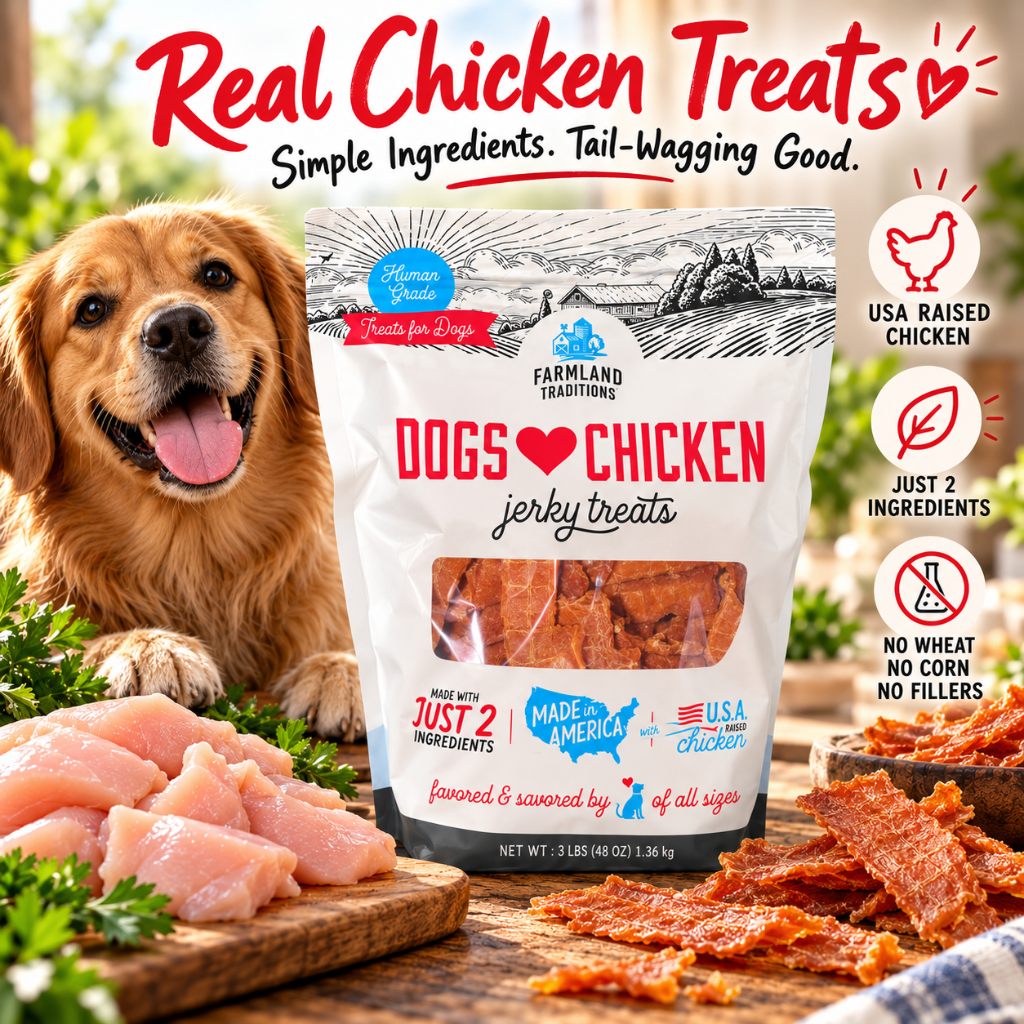 Farmland Traditions Dogs Love Chicken Jerky Treats – USA-Raised Chicken – 3 lb / 48 oz