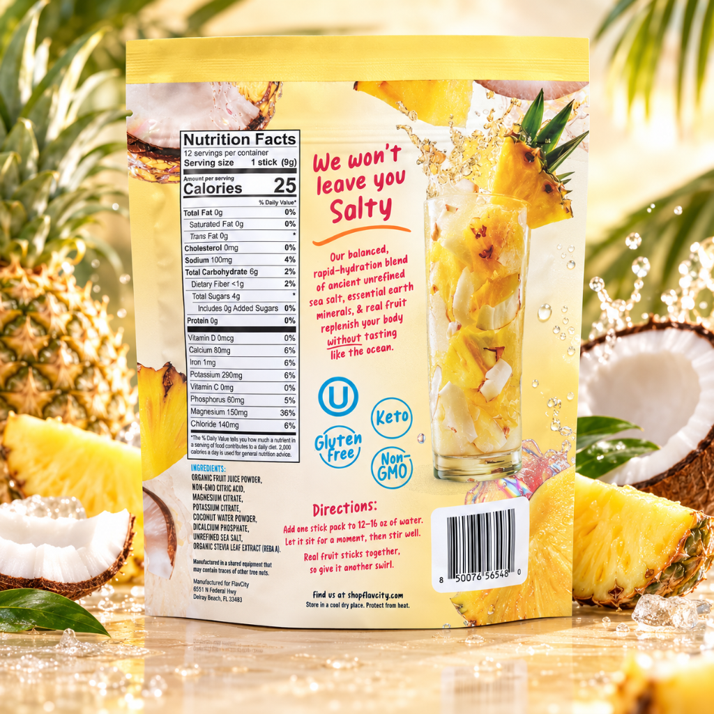 FlavCity Electrolyte Drink Mix Pineapple Coconut 12 Sticks 3.98 oz Hydration Powder
