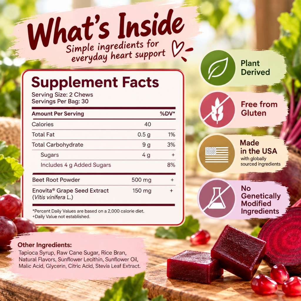 Humann SuperBeets Heart Chews Pomegranate Berry – Beetroot &amp; Grape Seed Supplement – 60 Chews