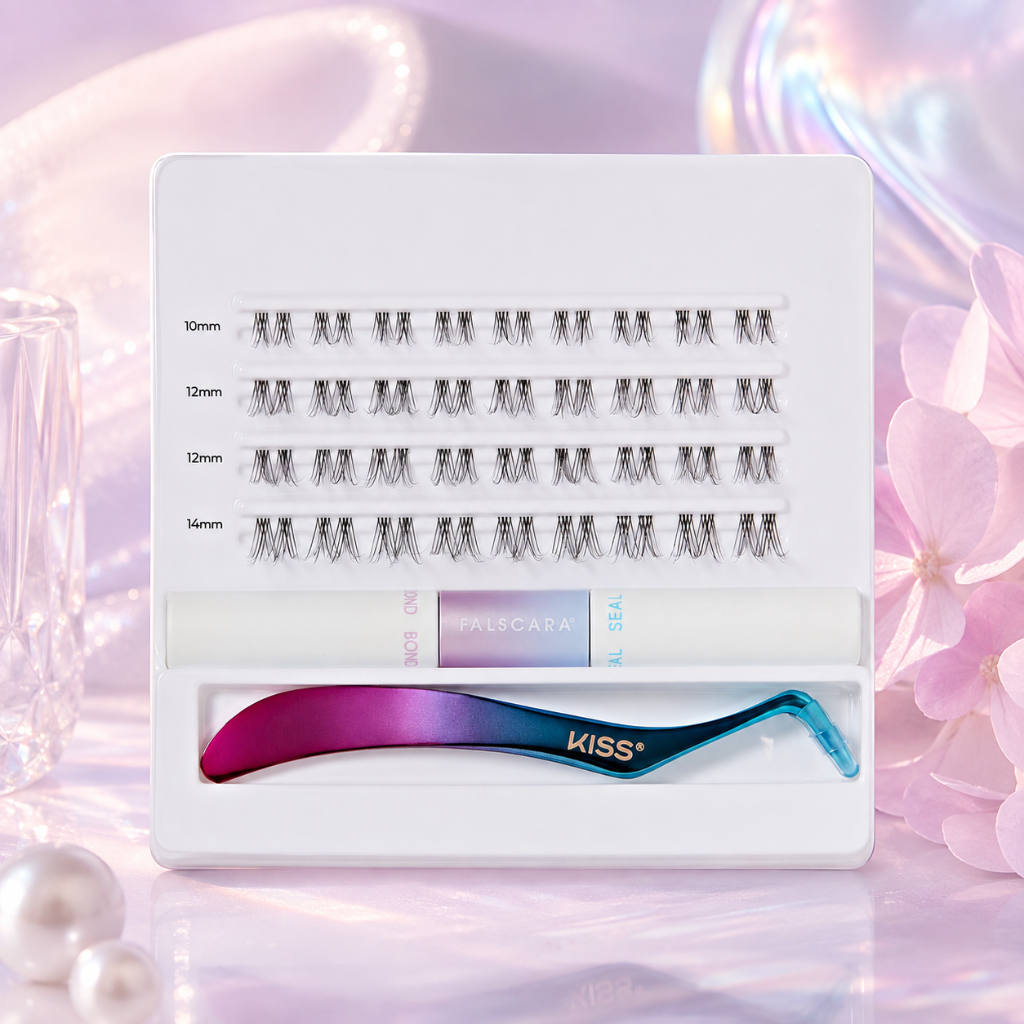 KISS Falscara Clear Band Eyelash Cluster Set Starter Kit Feathery Wispy 36 Wisps 8-12mm