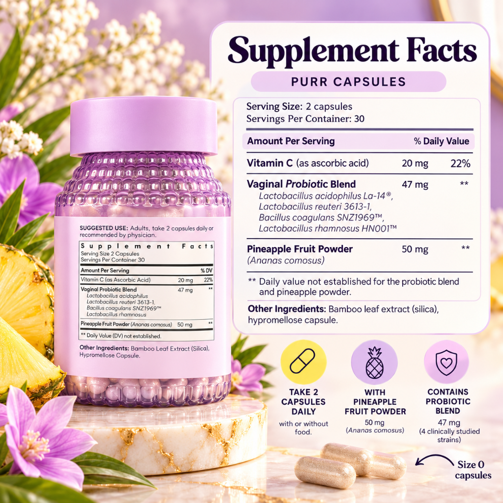 Lemme Purr Vaginal Health Probiotics Pineapple & Vitamin C 60 Capsules Dietary Supplement