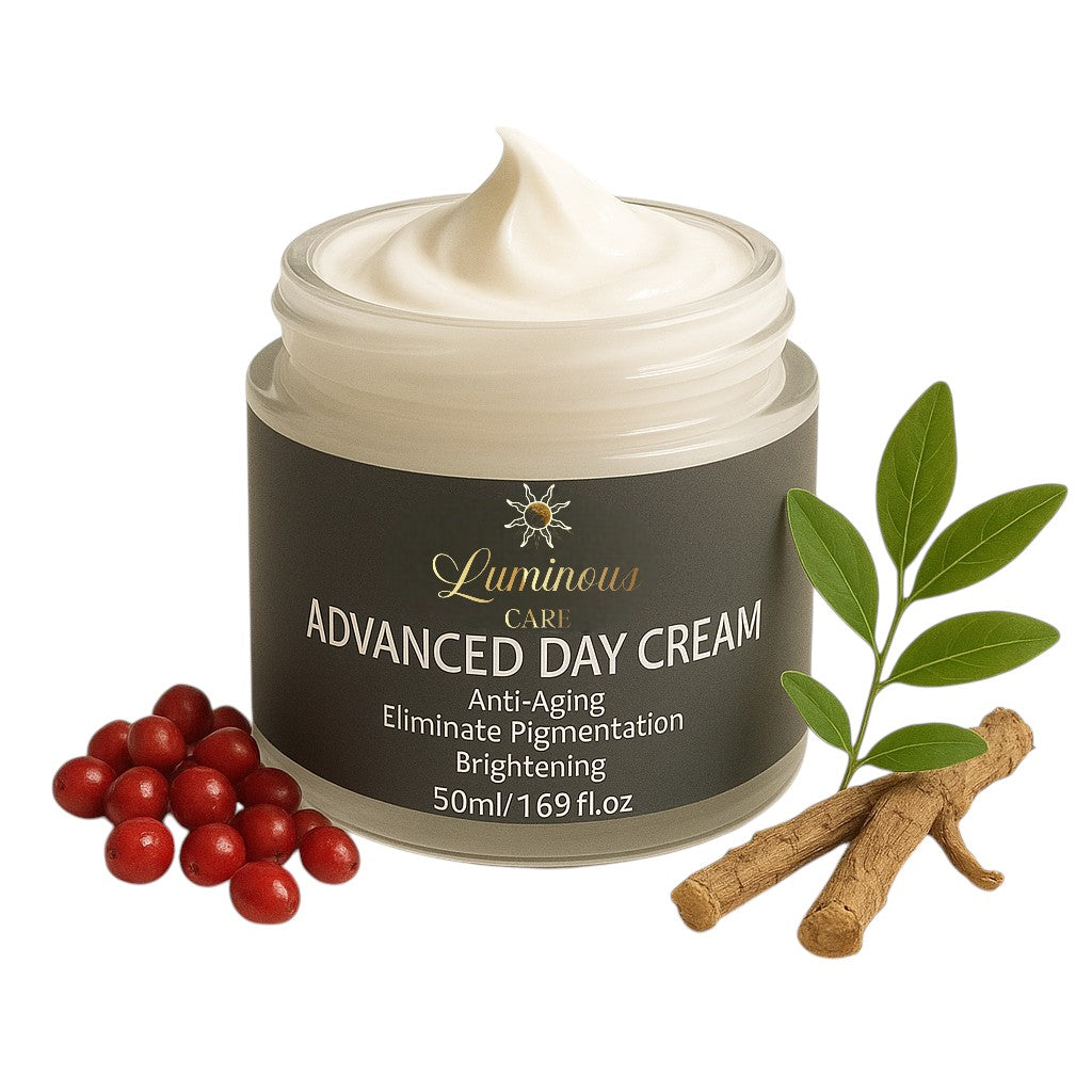 Open jar of Luminous Care Advanced Day Cream 50 ml with red arbutin seeds and Glycyrrhiza glabra licorice root sprig on a clean white background