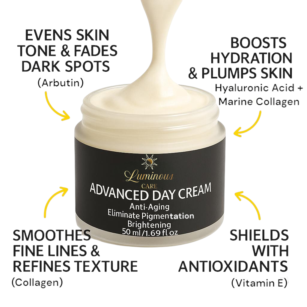 Open jar of Luminous Care Advanced Day Cream with cream texture visible, featuring skincare benefits like hydration, brightening, fine line smoothing, antioxidant protection, and dark spot reduction with ingredients including Arbutin, Collagen, Hyaluronic Acid, and Vitamin E.