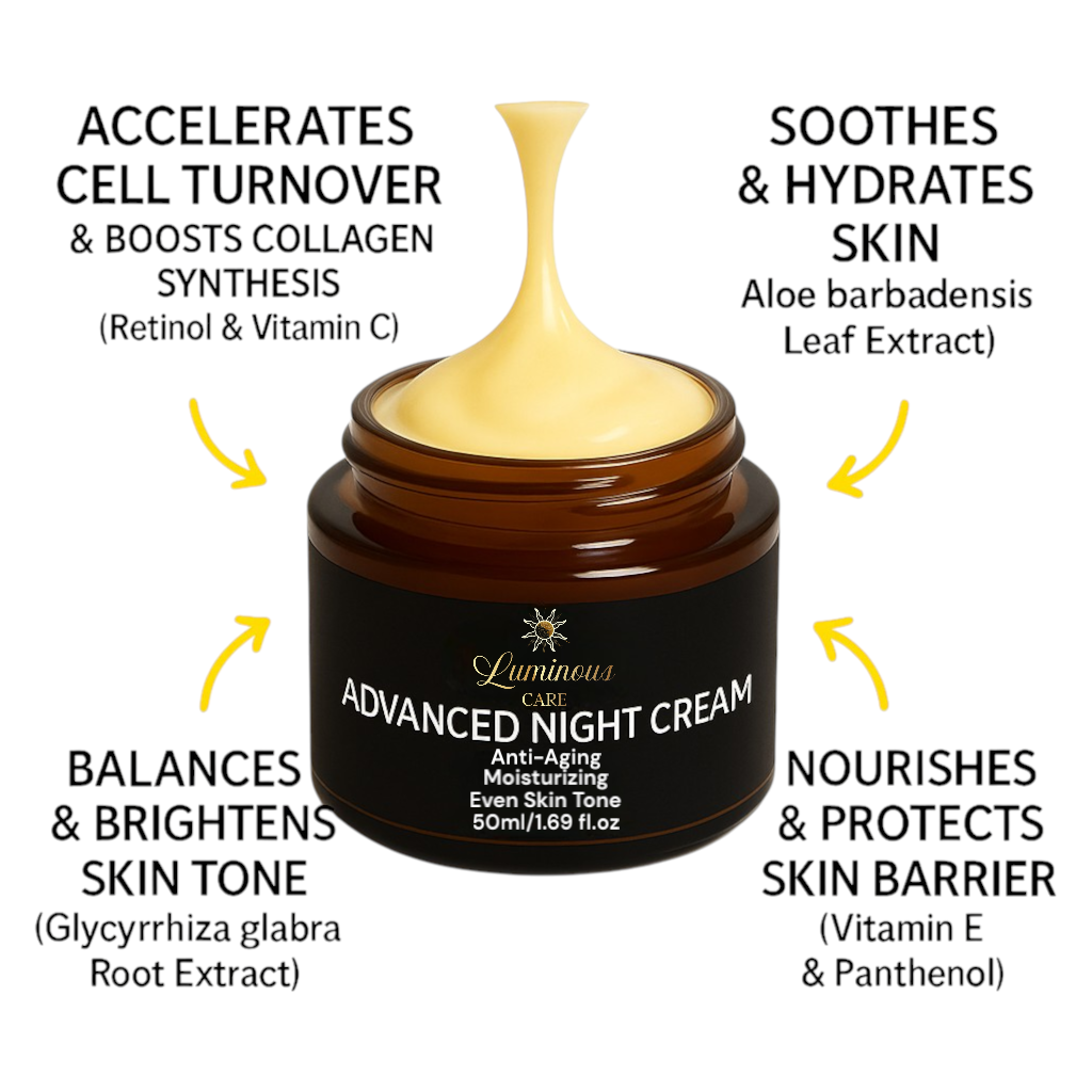 Infographic of Luminous Care Advanced Night Cream jar with arrows highlighting key benefits and ingredients: accelerates cell turnover & boosts collagen synthesis (Retinol & Vitamin C), soothes & hydrates skin (Aloe Barbadensis Leaf Extract), balances & brightens skin tone (Glycyrrhiza Glabra Root Extract), and nourishes & protects skin barrier (Vitamin E & Panthenol).
