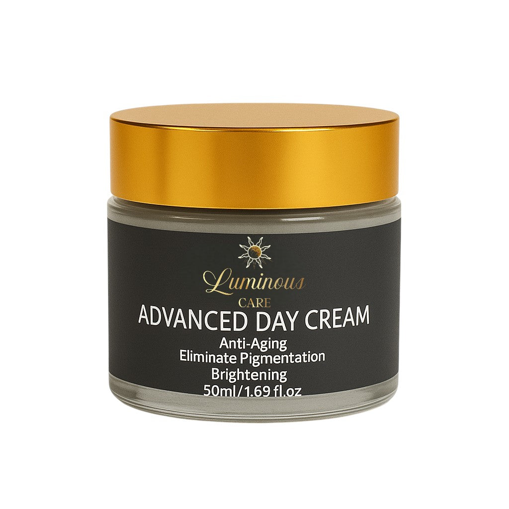 Luminous Care Advanced Day Cream in a 50 ml glass jar with a dark gray label and gold lid, an anti-aging brightening moisturizer formulated to eliminate pigmentation
