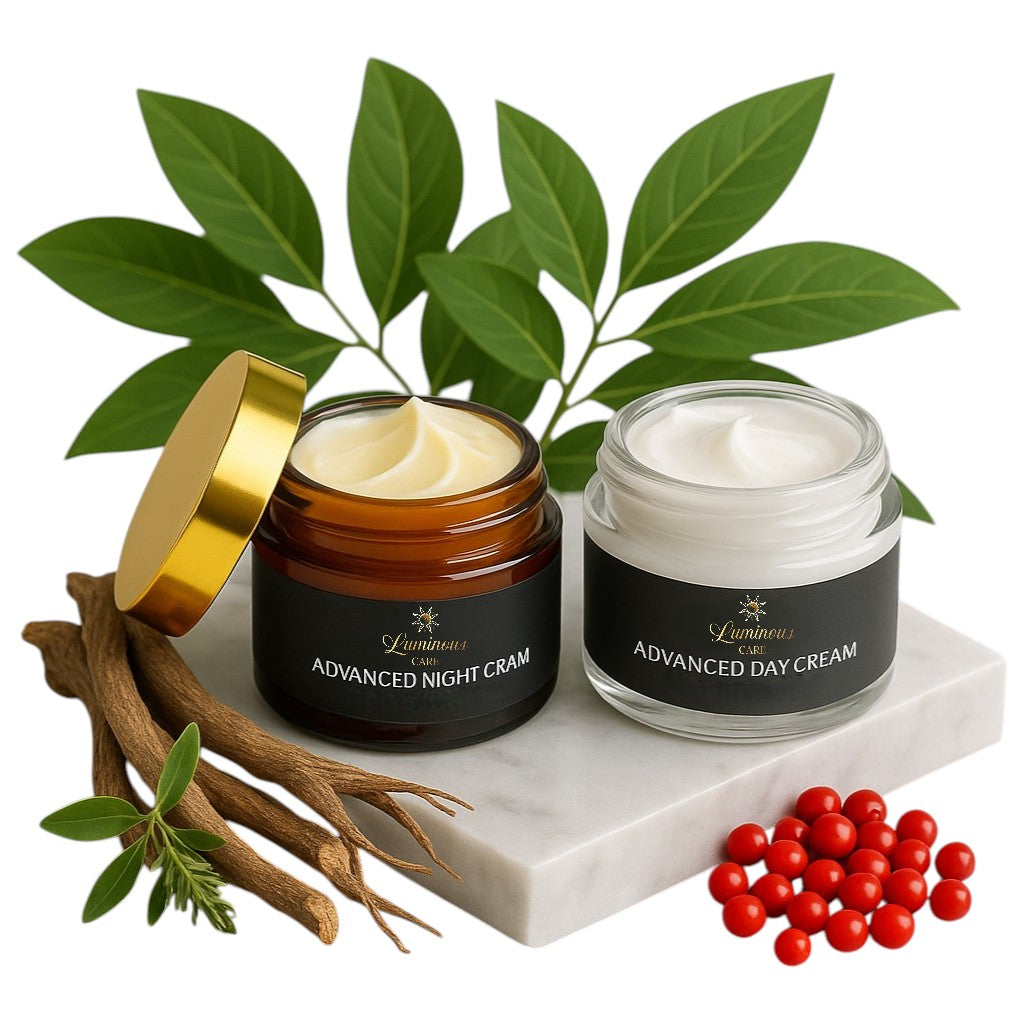 Luminous Care Advanced Day and Night Cream Duo – Anti-Aging Skincare Set with Botanical Ingredients, Featuring Arbutin, Retinol, and Hyaluronic Acid in Elegant Glass Jars on Marble with Herbal Elements
