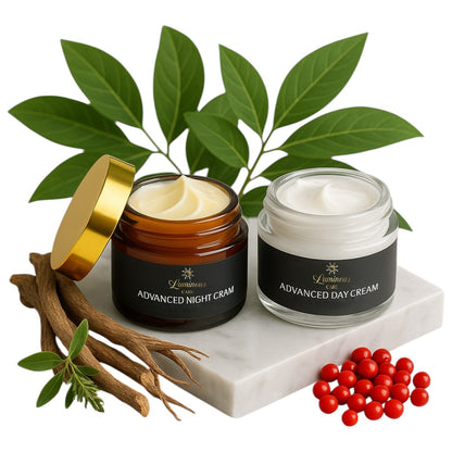 Luminous Care Advanced Day and Night Cream Duo – Anti-Aging Skincare Set with Botanical Ingredients, Featuring Arbutin, Retinol, and Hyaluronic Acid in Elegant Glass Jars on Marble with Herbal Elements