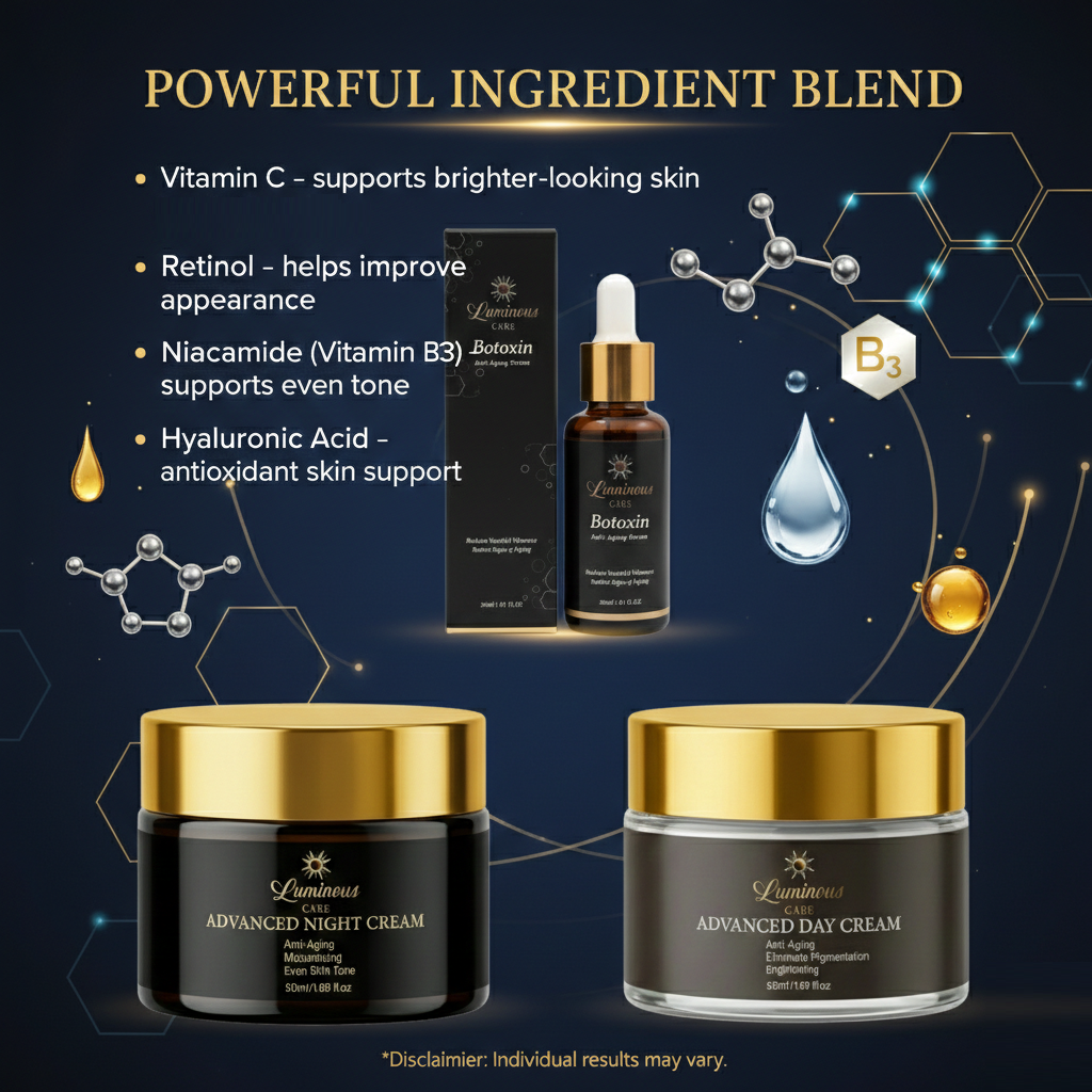 Luminous Care Anti-Aging Skincare Set – Botoxin Face Serum 30mL + Day &amp; Night Cream Set 2×50mL (Retinol, Vitamin C &amp; Peptides) Ingredient Blend