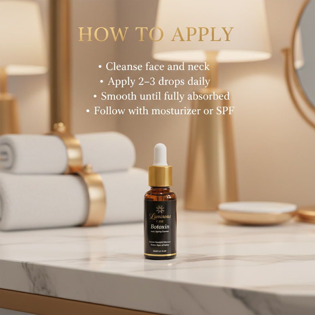 Luminous Care Botoxin Anti-Aging Face Serum 30mL – Peptides, Retinol, Vitamin C & Hyaluronic Acid How To Apply