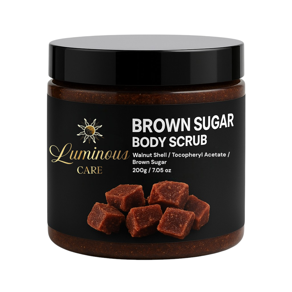Luminous Care Brown Sugar Body Scrub 200g – Natural exfoliant for soft, radiant skin, enriched with walnut shell, tocopheryl acetate, and brown sugar.