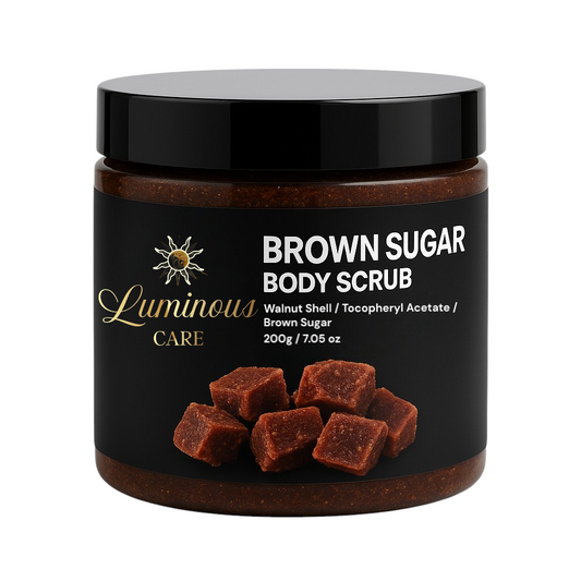 Luminous Care Brown Sugar Body Scrub 200g – Natural exfoliant for soft, radiant skin, enriched with walnut shell, tocopheryl acetate, and brown sugar.