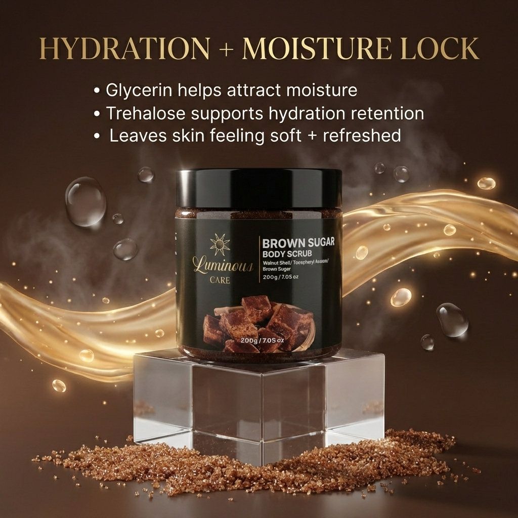 Luminous Care Brown Sugar Body Scrub 200g – Sea Salt &amp; Walnut Shell Exfoliating Scrub Hydration