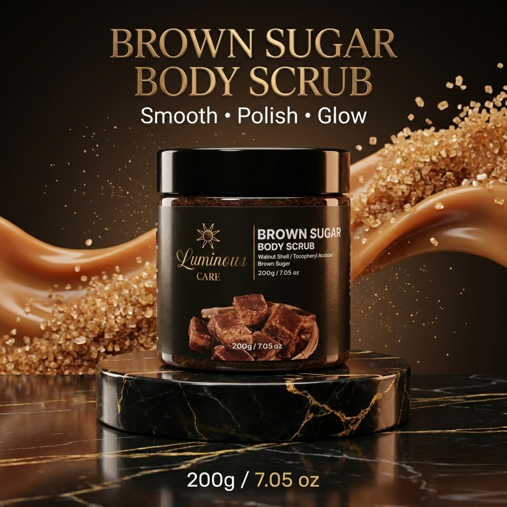 Luminous Care Brown Sugar Body Scrub 200g – Sea Salt & Walnut Shell Exfoliating Scrub Presentation