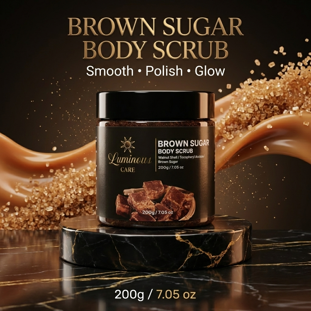 Luminous Care Brown Sugar Body Scrub 200g – Sea Salt &amp; Walnut Shell Exfoliating Scrub Presentation