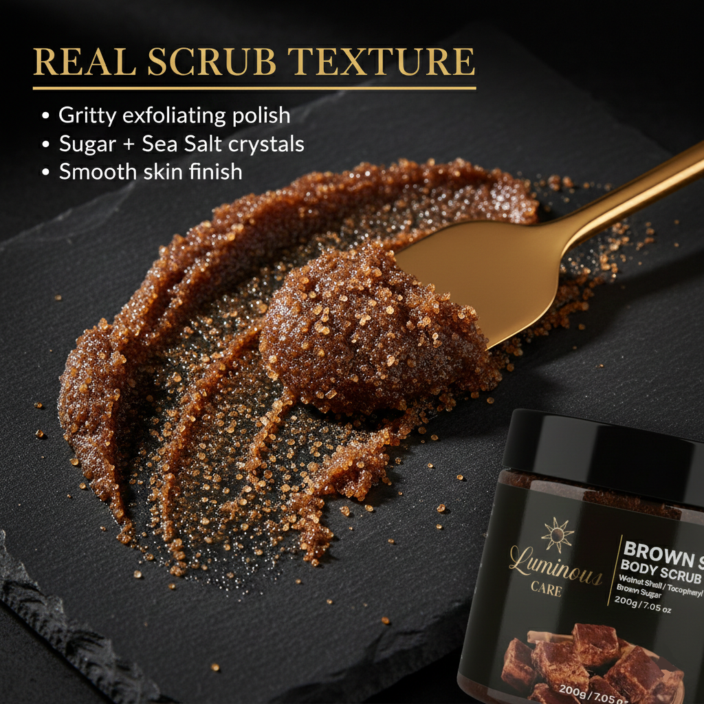 Luminous Care Brown Sugar Body Scrub 200g – Sea Salt &amp; Walnut Shell Exfoliating Scrub Texture