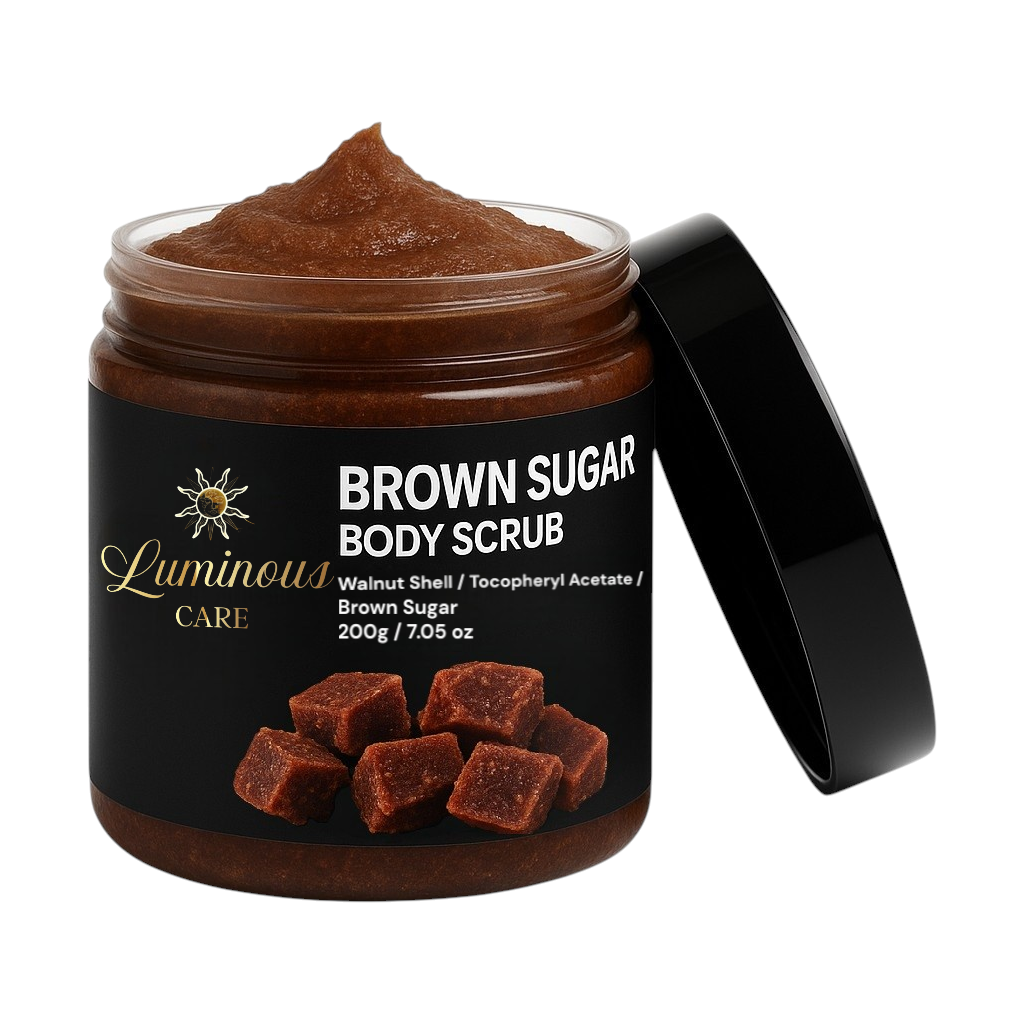 Luminous Care Brown Sugar Body Scrub 200g with open jar and visible brown sugar crystal texture. Exfoliating formula with walnut shell, tocopheryl acetate, and brown sugar.