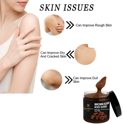 Luminous Care Brown Sugar Body Scrub benefits infographic: Improves rough, dry, cracked, and dull skin; features product jar and application examples.