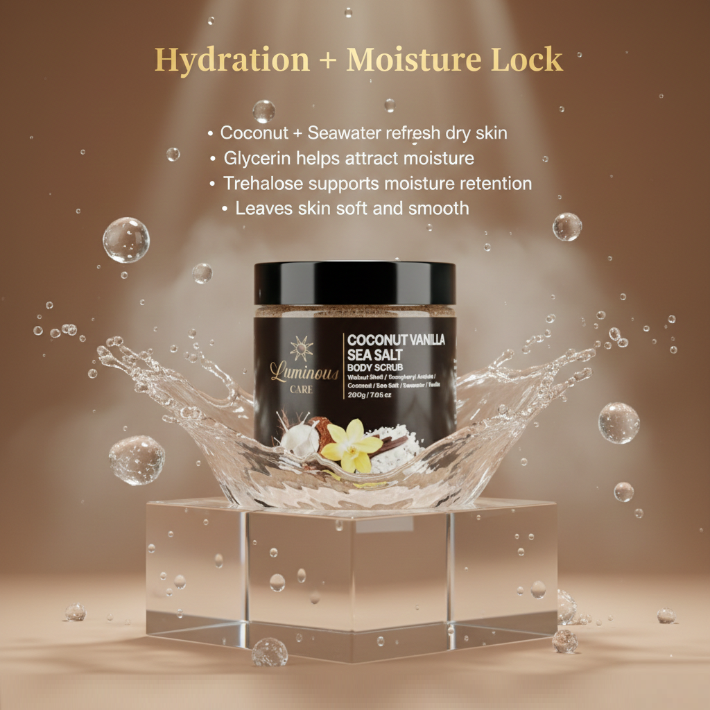 Luminous Care Coconut Vanilla Sea Salt Body Scrub 200g – Sea Salt &amp; Walnut Shell Exfoliating Scrub Hydration