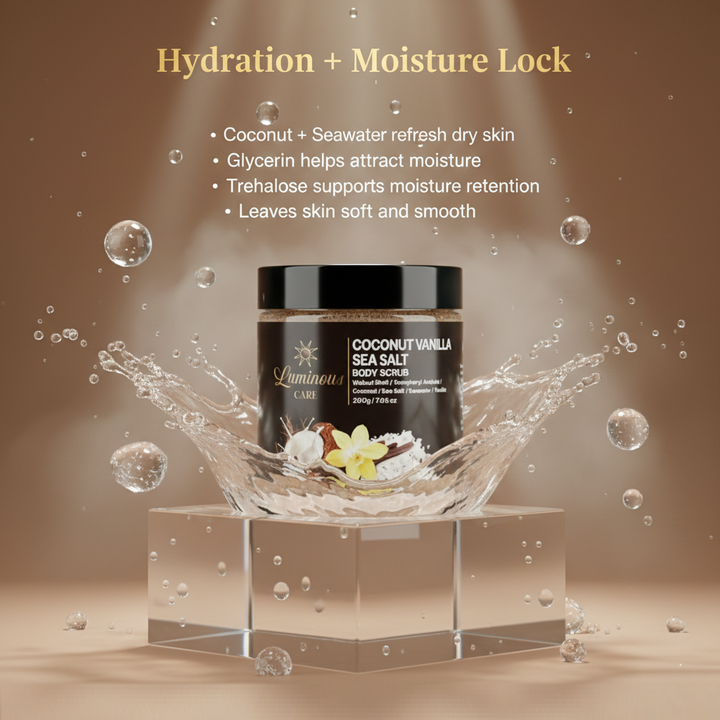 Luminous Care Coconut Vanilla Sea Salt Body Scrub 200g – Sea Salt &amp; Walnut Shell Exfoliating Scrub Hydration