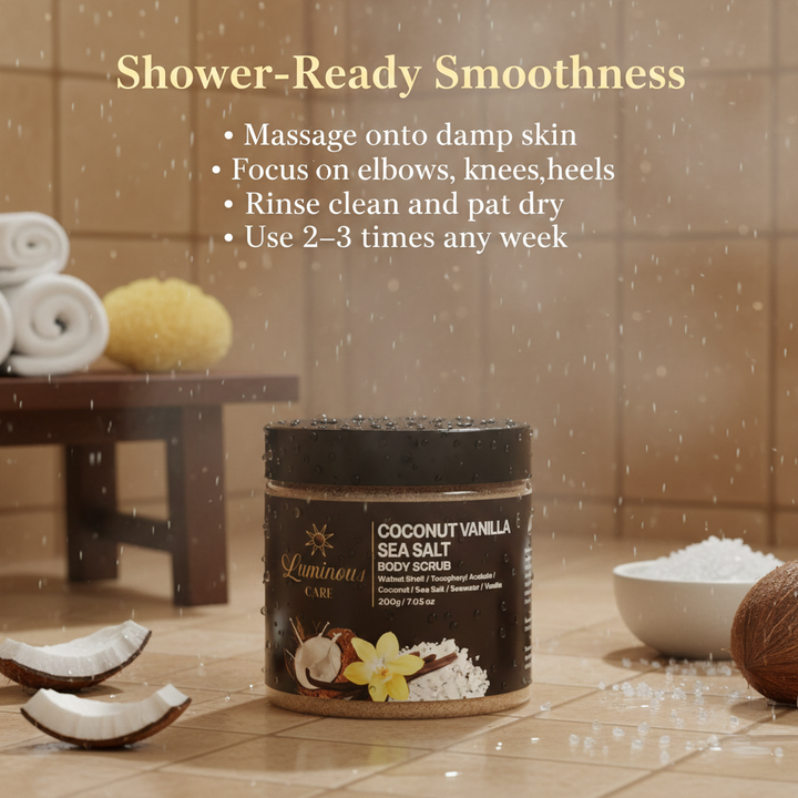Luminous Care Coconut Vanilla Sea Salt Body Scrub 200g – Sea Salt &amp; Walnut Shell Exfoliating Scrub Shower