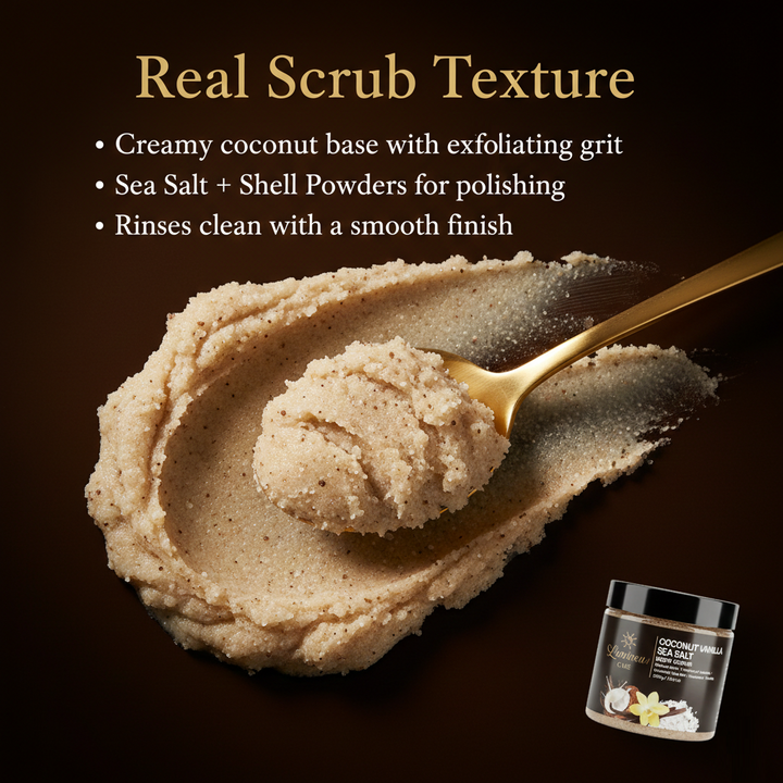Luminous Care Coconut Vanilla Sea Salt Body Scrub 200g – Sea Salt &amp; Walnut Shell Exfoliating Scrub Texture