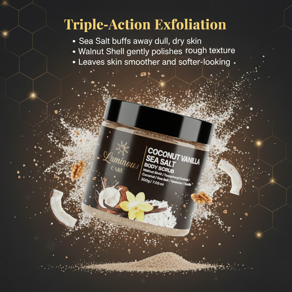Luminous Care Coconut Vanilla Sea Salt Body Scrub 200g – Sea Salt &amp; Walnut Shell Exfoliating Scrub Tiple