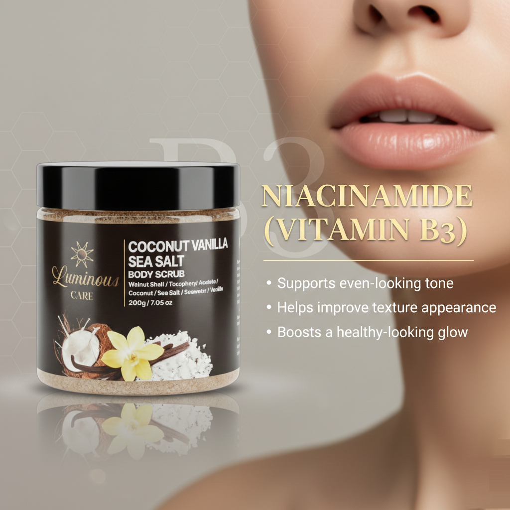 Luminous Care Coconut Vanilla Sea Salt Body Scrub 200g – Sea Salt &amp; Walnut Shell Exfoliating Scrub Vitamin B3