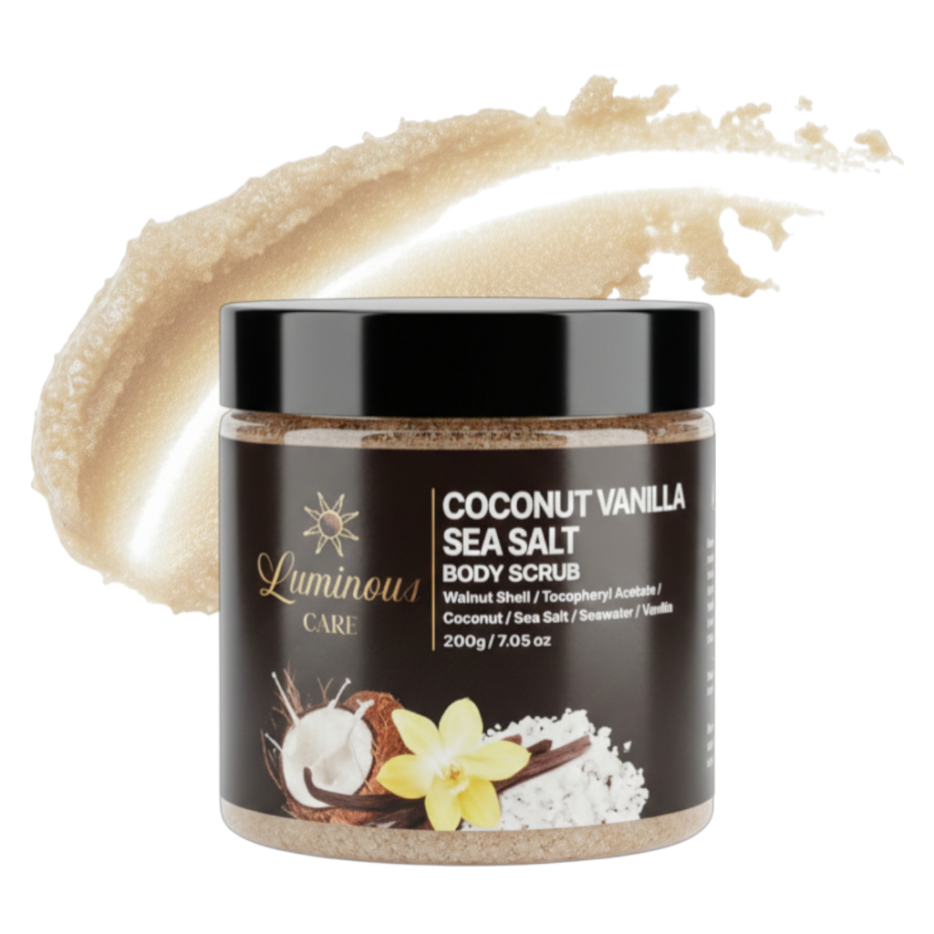 Luminous Care Coconut Vanilla Sea Salt Body Scrub 200g – Sea Salt & Walnut Shell Exfoliating Scrub Hero