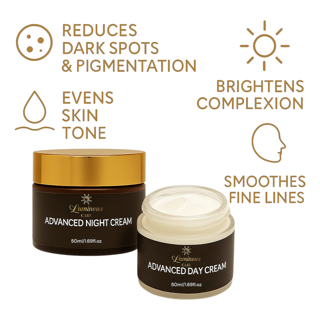 Luminous Care Advanced Day and Night Cream Duo – Anti-Aging Skincare Set with Gold Lids, Reduces Dark Spots, Brightens Complexion, Evens Skin Tone, and Smooths Fine Lines