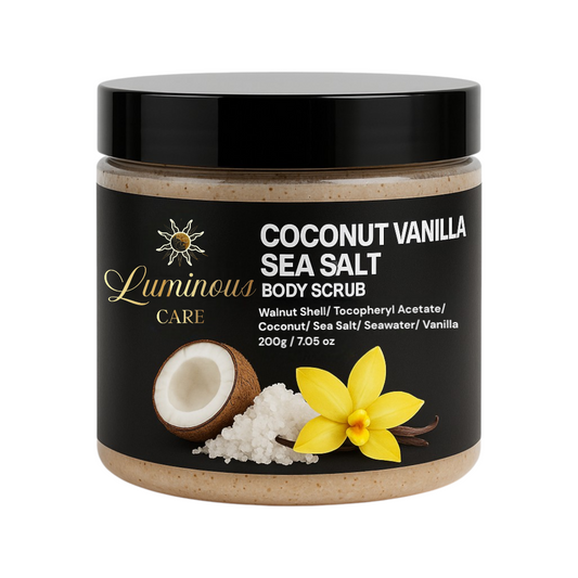 Luminous Care Sea Salt & Walnut Shell Exfoliating Body Scrub – Coconut Vanilla, 200 g Jar – natural sea salt & pecan shell with coconut oil, vitamin C & niacinamide for brightening & hydration
