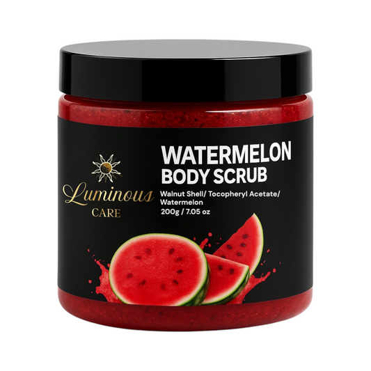 Luminous Care Watermelon Body Scrub 200g jar with vibrant red scrub and watermelon fruit illustration on label for exfoliation and hydration.